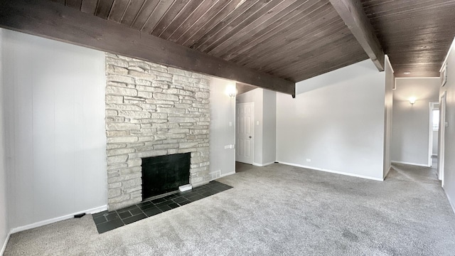 15043 Meadow Ln, Dolton, IL 60419 - unfurnished living room with carpet flooring, a fireplace, and wooden ceiling