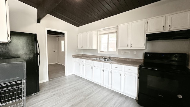 15043 Meadow Ln, Dolton, IL 60419 - kitchen featuring black appliances, under cabinet range hood, wood ceiling, white cabinetry, and light wood-type flooring
