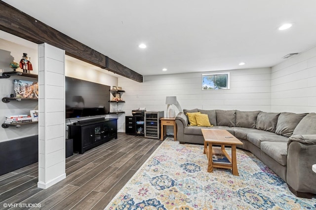 1426 E Kenilworth Ave, Palatine, IL 60074 - living room featuring dark wood-style flooring, wood walls, wine cooler, and recessed lighting