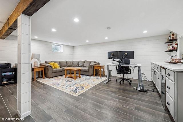 1426 E Kenilworth Ave, Palatine, IL 60074 - living room featuring dark wood finished floors, a desk, wood walls, and recessed lighting