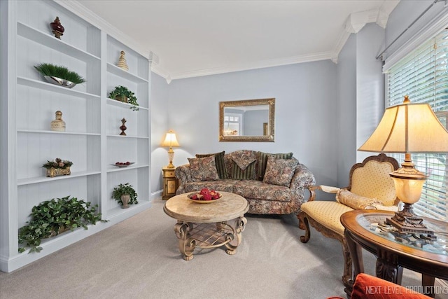 1108 Independence Ave, Elburn, IL 60119 - living room featuring ornamental molding, carpet floors, and built in features