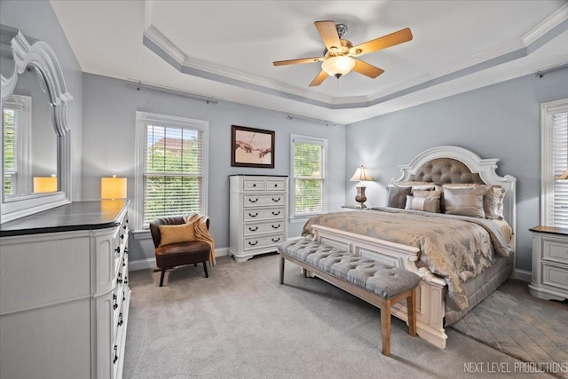 1108 Independence Ave, Elburn, IL 60119 - bedroom with a raised ceiling, light colored carpet, crown molding, and ceiling fan