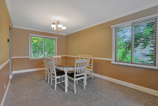710 Cimarron Dr, Cary, IL 60013 - dining area with ornamental molding, a chandelier, and carpet flooring