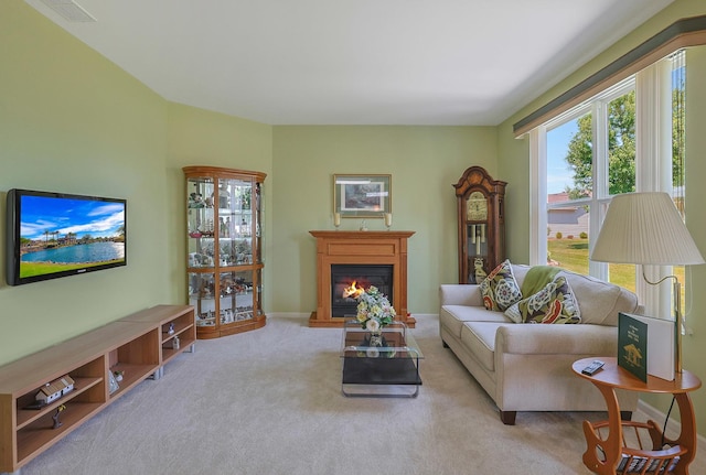 12856 W Rocksprings Ln, Huntley, IL 60142 - living room with healthy amount of natural light, a glass covered fireplace, and carpet flooring