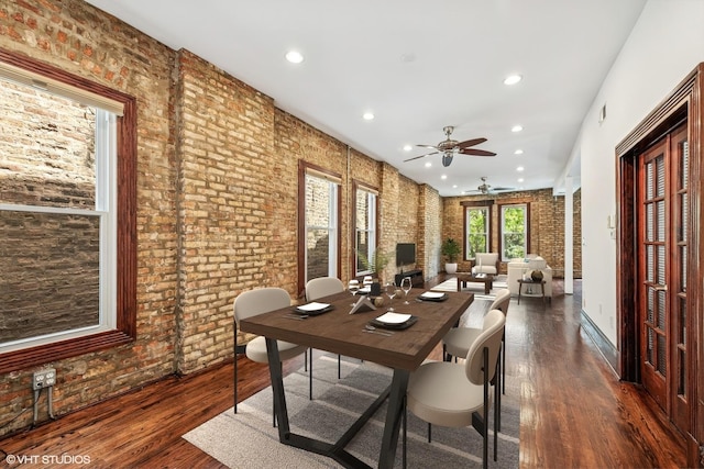 1734 W Erie St Unit 3, Chicago, IL 60622 - dining room with dark wood-style floors, recessed lighting, ceiling fan, and brick wall