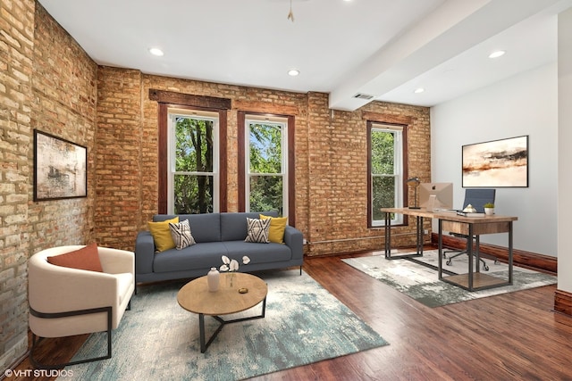 1734 W Erie St Unit 3, Chicago, IL 60622 - living room featuring plenty of natural light, brick wall, an office area, wood finished floors, and recessed lighting