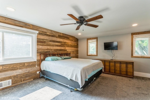 26W323 Harrison Ave, Winfield, IL 60190 - carpeted bedroom featuring wooden walls, multiple windows, recessed lighting, and ceiling fan
