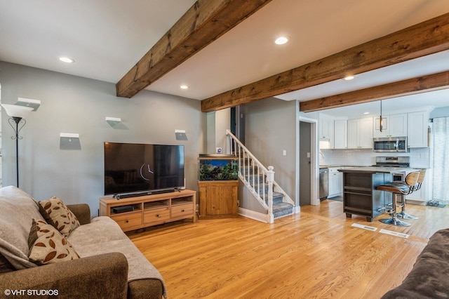 26W323 Harrison Ave, Winfield, IL 60190 - living room with light wood finished floors, stairway, beam ceiling, and recessed lighting