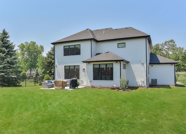 0N337 Herrick Dr, Wheaton, IL 60187 - rear view of property with outdoor lounge area, a fenced backyard, a shingled roof, and a patio area