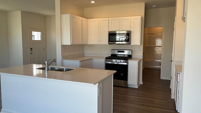 6471 Juniper Dr, Wonder Lake, IL 60097 - kitchen featuring dark wood-type flooring, stainless steel appliances, white cabinets, recessed lighting, and light countertops