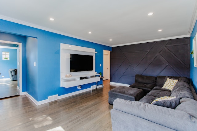 5246 N Mason Ave, Chicago, IL 60630 - living area featuring ornamental molding, wood finished floors, recessed lighting, and a decorative wall