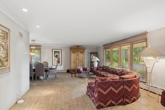 8850 Karlov Ave, Skokie, IL 60076 - living room with baseboard heating, a chandelier, crown molding, a baseboard radiator, and recessed lighting