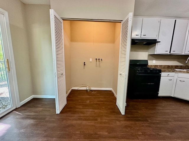 303 Ann St, South Elgin, IL 60177 - kitchen with black range with gas cooktop, ventilation hood, dark wood-style floors, and white cabinetry