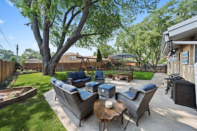 9912 S Kolmar Ave, Oak Lawn, IL 60453 - fenced backyard with an outdoor living space, a playground, and a patio area