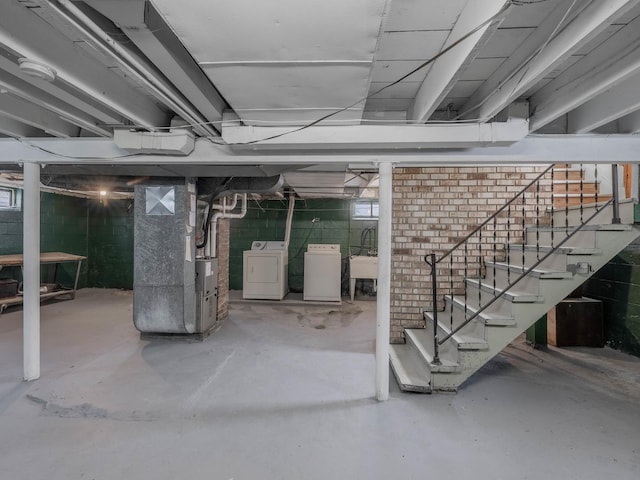 3466 186th St, Lansing, IL 60438 - basement with washer / clothes dryer, heating unit, and stairs