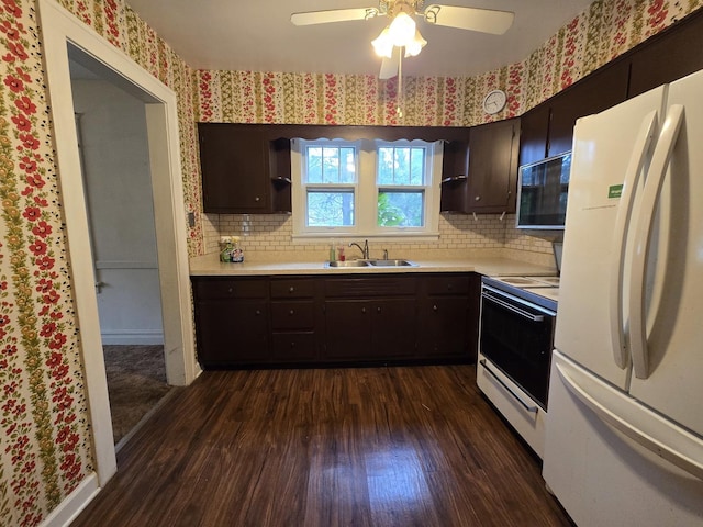 434 S Lewis Ave, Lombard, IL 60148 - kitchen with white appliances, dark wood-style flooring, open shelves, light countertops, and wallpapered walls
