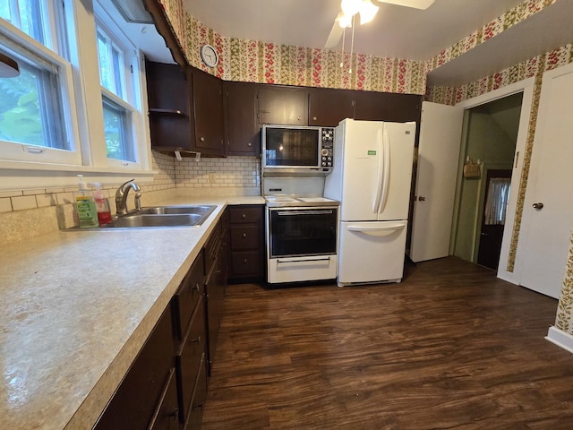 434 S Lewis Ave, Lombard, IL 60148 - kitchen with white appliances, dark brown cabinets, light countertops, dark wood-style floors, and a ceiling fan