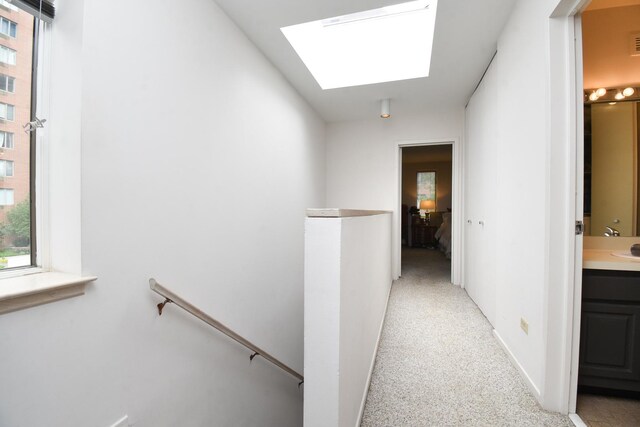 801 S Plymouth Ct Unit V, Chicago, IL 60605 - hallway with an upstairs landing, a skylight, and light colored carpet