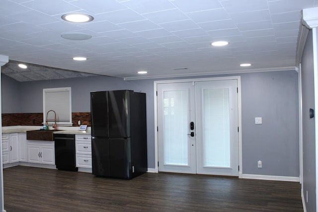 309 Bass St, Wilmington, IL 60481 - kitchen with black appliances, white cabinets, dark wood-style flooring, french doors, and recessed lighting