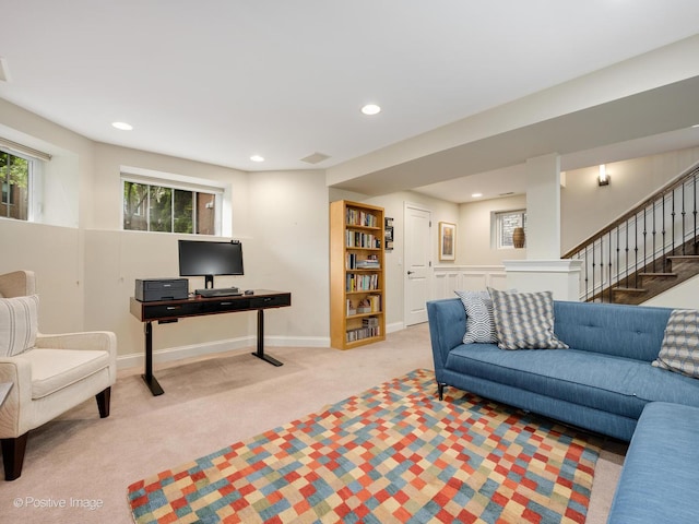 1416 W Olive Ave Unit 1, Chicago, IL 60660 - living area featuring light carpet, recessed lighting, and stairway