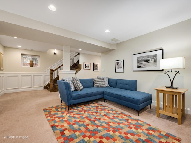 1416 W Olive Ave Unit 1, Chicago, IL 60660 - living area with light colored carpet, stairway, and recessed lighting