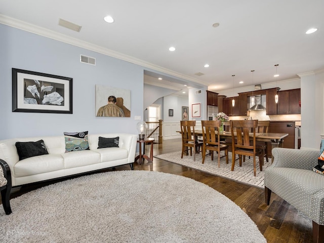 1416 W Olive Ave Unit 1, Chicago, IL 60660 - living area with crown molding, dark wood-style flooring, recessed lighting, and a wainscoted wall