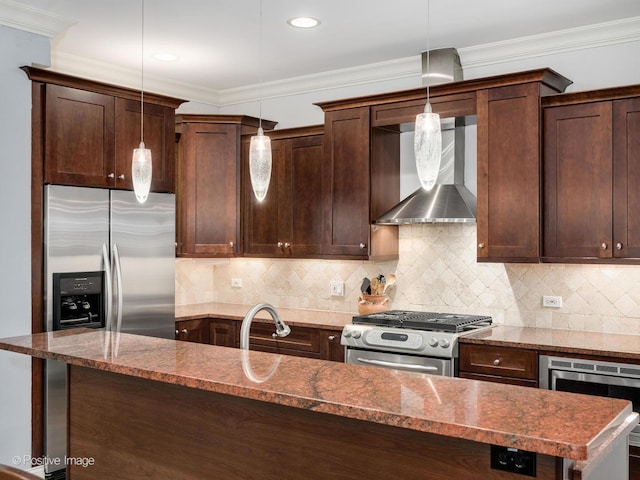 1416 W Olive Ave Unit 1, Chicago, IL 60660 - kitchen featuring wall chimney range hood, stainless steel appliances, dark brown cabinets, tasteful backsplash, and crown molding