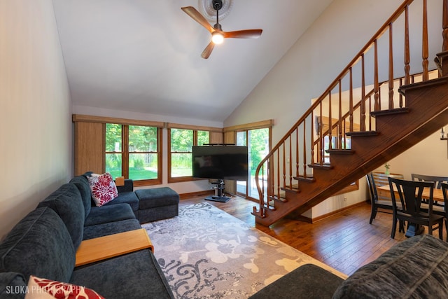 530 Sunnyside Ave, Gurnee, IL 60031 - living room with stairway, hardwood / wood-style flooring, high vaulted ceiling, and a ceiling fan