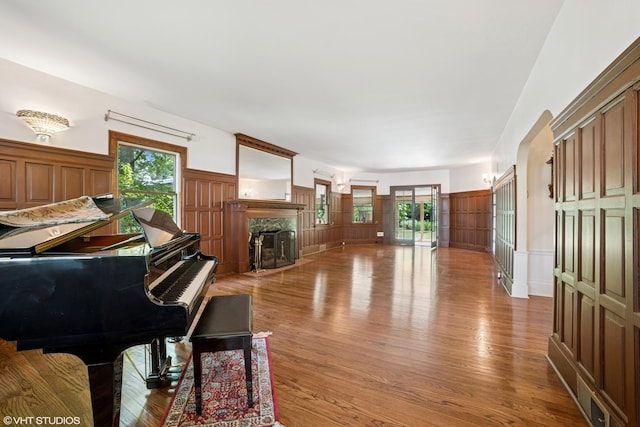 691 Lake Ave, Crystal Lake, IL 60014 - living area with light wood-style flooring, a decorative wall, a premium fireplace, a wainscoted wall, and plenty of natural light
