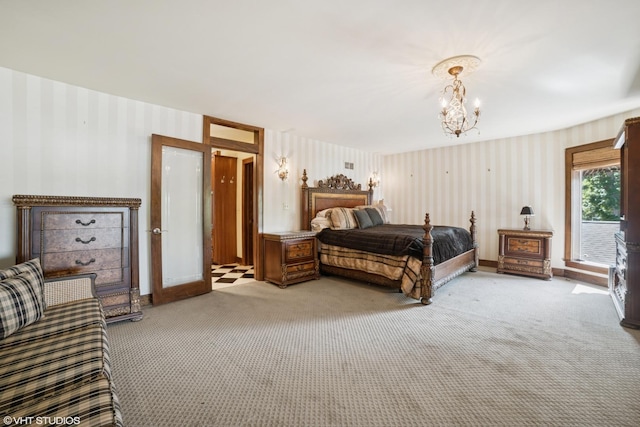 691 Lake Ave, Crystal Lake, IL 60014 - carpeted bedroom with wallpapered walls, a chandelier, and access to outside