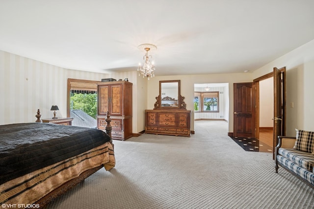 691 Lake Ave, Crystal Lake, IL 60014 - bedroom featuring light carpet, a chandelier, and wallpapered walls