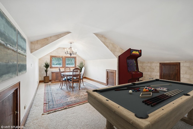 691 Lake Ave, Crystal Lake, IL 60014 - playroom featuring a chandelier, carpet floors, lofted ceiling, and pool table