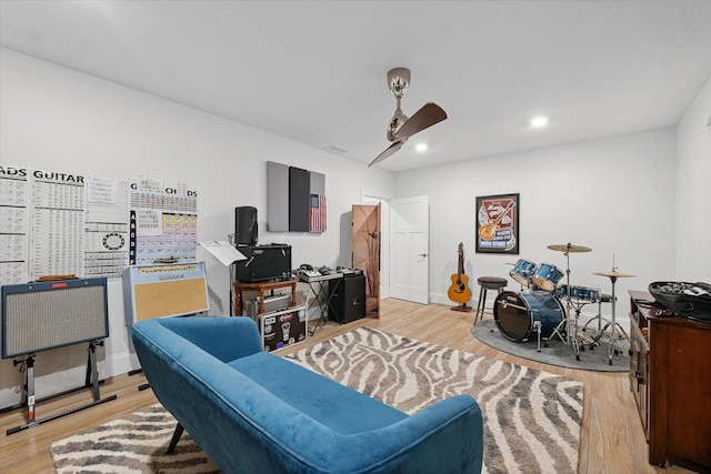 1311 Hickory Tree Ct, Mahomet, IL 61853 - living area with wood finished floors, recessed lighting, an office area, and a ceiling fan