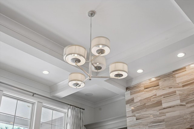 1311 Hickory Tree Ct, Mahomet, IL 61853 - detailed view of recessed lighting, a chandelier, beamed ceiling, and crown molding
