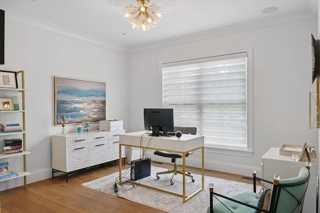 1311 Hickory Tree Ct, Mahomet, IL 61853 - office area with dark wood-type flooring, a chandelier, and ornamental molding