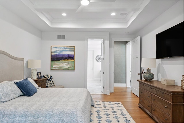 1311 Hickory Tree Ct, Mahomet, IL 61853 - bedroom with light wood finished floors, coffered ceiling, crown molding, recessed lighting, and beamed ceiling