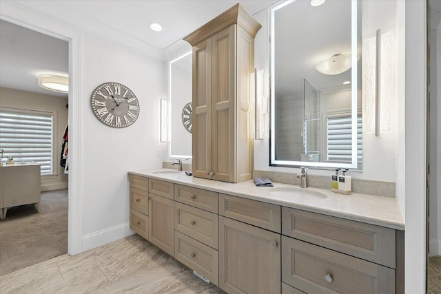 1311 Hickory Tree Ct, Mahomet, IL 61853 - full bath with double vanity, ornamental molding, and recessed lighting