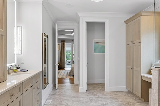 1311 Hickory Tree Ct, Mahomet, IL 61853 - bathroom featuring vanity, crown molding, and marble look tiles