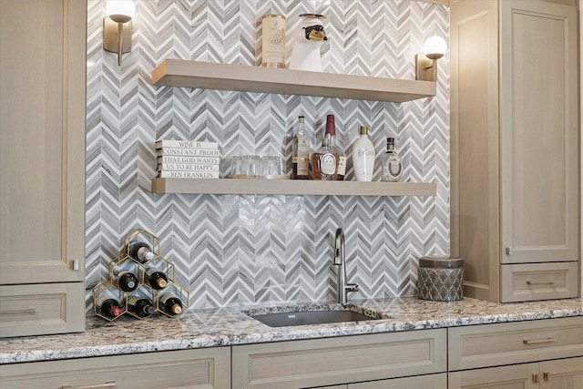1311 Hickory Tree Ct, Mahomet, IL 61853 - kitchen featuring open shelves, light stone countertops, and a decorative wall