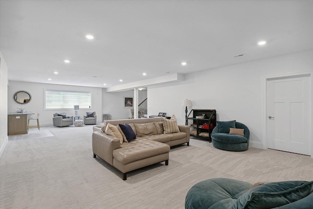 1311 Hickory Tree Ct, Mahomet, IL 61853 - living room featuring light carpet and recessed lighting