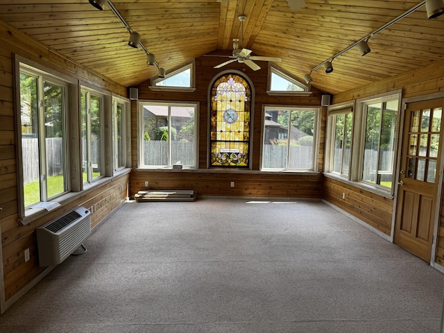 400 N Cottage Ave, Normal, IL 61761 - unfurnished sunroom with rail lighting, wood walls, vaulted ceiling, plenty of natural light, and wood ceiling