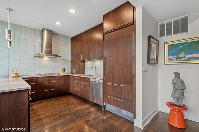 3255 N Paulina St Unit 4A, Chicago, IL 60657 - kitchen with wall chimney exhaust hood, stainless steel appliances, decorative backsplash, dark wood-style flooring, and open shelves