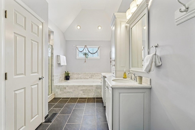 2524 Wild Timothy Rd, Naperville, IL 60564 - bathroom with a bath, vanity, lofted ceiling, and a shower stall