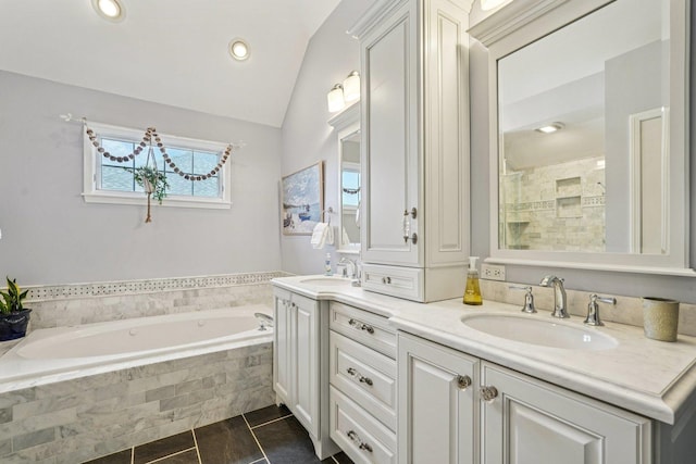2524 Wild Timothy Rd, Naperville, IL 60564 - full bath featuring double vanity, a garden tub, tile patterned floors, vaulted ceiling, and recessed lighting