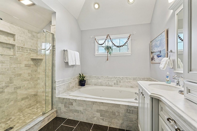 2524 Wild Timothy Rd, Naperville, IL 60564 - full bathroom featuring a garden tub, a shower stall, vanity, lofted ceiling, and tile patterned floors