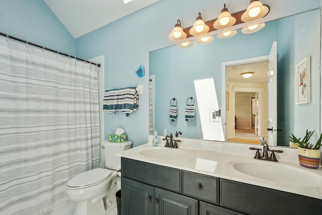 2524 Wild Timothy Rd, Naperville, IL 60564 - bathroom with double vanity, vaulted ceiling, a skylight, and curtained shower