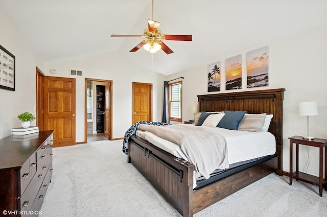1167 Book Rd, Naperville, IL 60540 - bedroom with light colored carpet, lofted ceiling, a ceiling fan, and connected bathroom