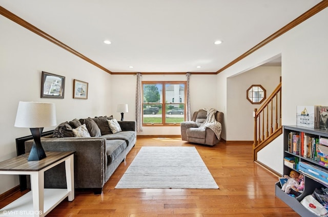 1167 Book Rd, Naperville, IL 60540 - living room featuring stairs, crown molding, recessed lighting, and light wood finished floors