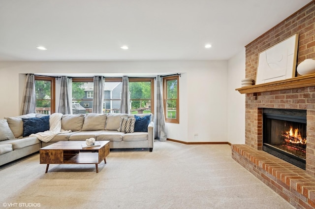 1167 Book Rd, Naperville, IL 60540 - living area with light colored carpet, a brick fireplace, and recessed lighting