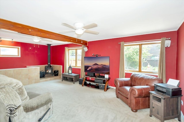 7117 W 82nd Pl, Burbank, IL 60459 - carpeted living room with a wood stove and ceiling fan